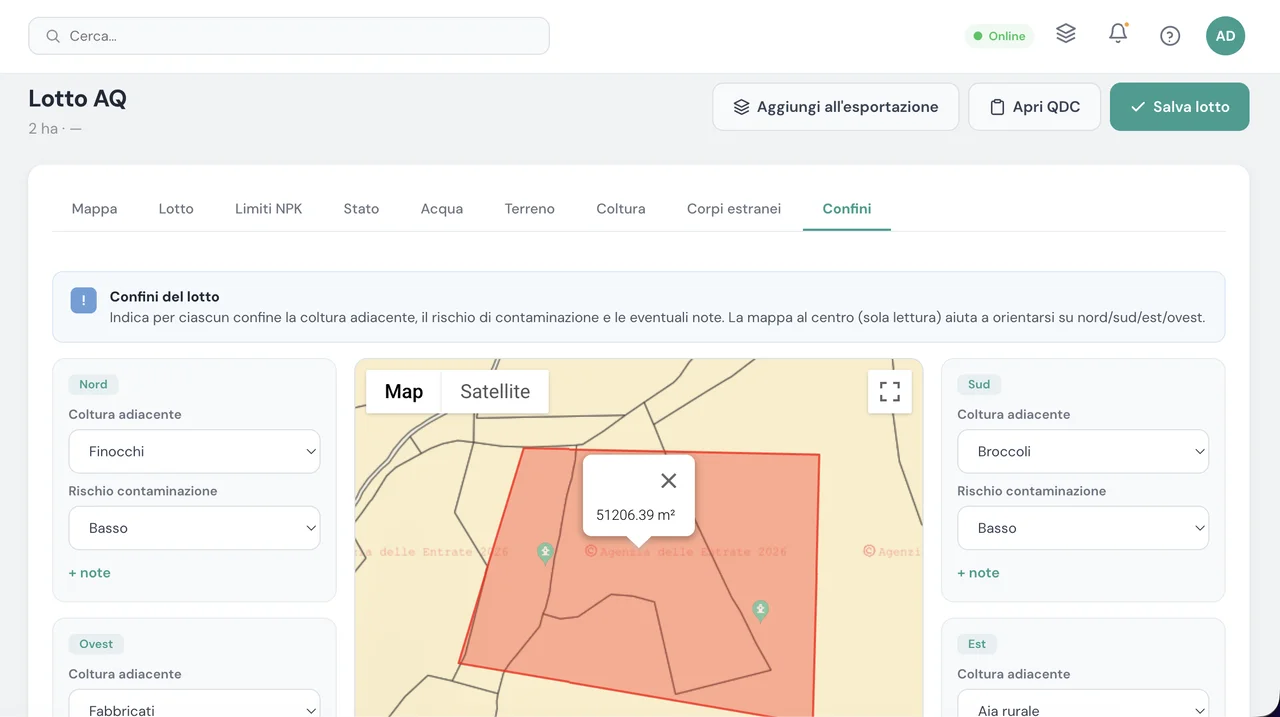 Mappe satellitari e catastali, monitoraggio di lotti e colture